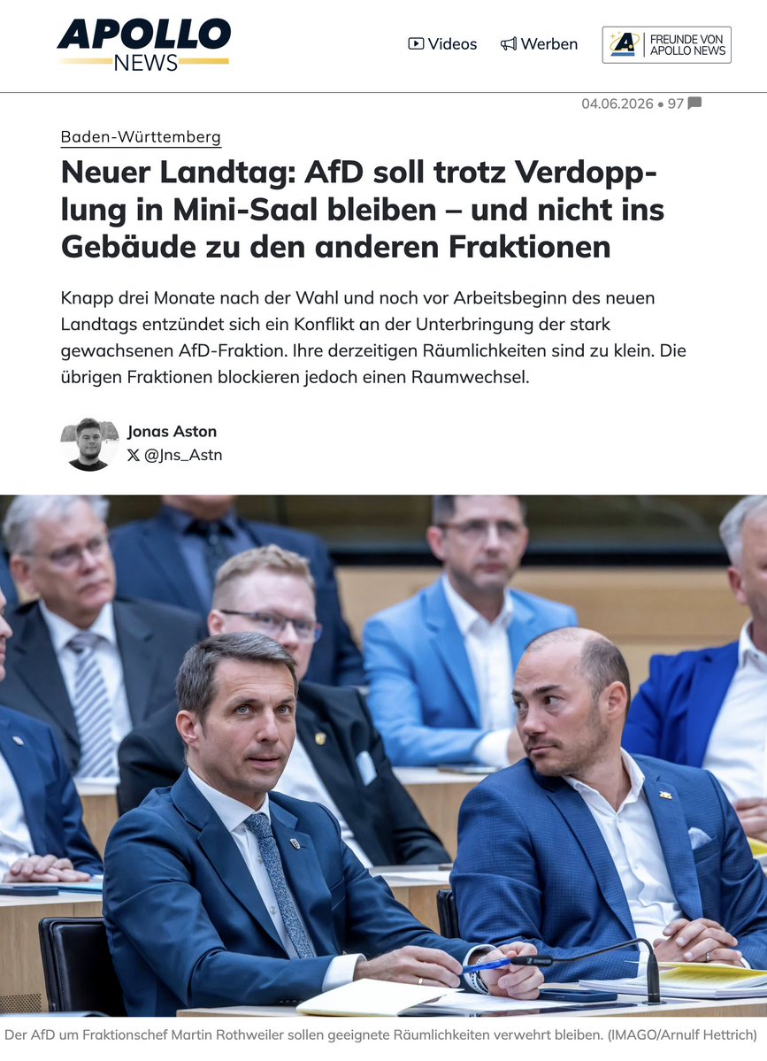 UlfKollwitz's tweet photo. Dieser Kindergarten muss bald ein Ende haben!
"Andere Fraktionen lehnen es ab, gemeinsam mit der AfD in einem Gebäude  untergebracht zu werden."

https://t.co/grwf41Ml2P
Kurz nach seiner Konstituierung hat sich der baden-württembergische  Landtag zunächst in eine Pfingstpause verabschiedet. Doch schon vor dem  eigentlichen Beginn der parlamentarischen Arbeit sorgt ein  organisatorischer Konflikt für Spannungen: die Unterbringung der  AfD-Fraktion, wie der Südkurier berichtet. Hintergrund ist  deren stark gewachsene Größe nach der Wahl vom 8. März. Statt zuvor 17  gehören ihr nun 35 Abgeordnete an. Die bisherigen Räume in der  Urbanstraße reichen dafür nicht mehr aus.

Nach Angaben von Fraktionschef Martin Rothweiler ist demnach  insbesondere der Sitzungssaal zu klein dimensioniert: „Die Zahl der  Büros wäre mit einigen Maßnahmen vielleicht noch ausreichend. Was auf  jeden Fall viel zu klein ist, ist der Fraktionssaal. Der umfasst 23  Sitzplätze, wir brauchen aber 45 Sitzplätze – 35 Abgeordnete plus  Mitarbeiter.“ Ein Umbau am bisherigen Standort wäre aufwendig und teuer,  während alternative Räume verfügbar wären. Rothweiler erklärt weiter,  dass die AfD kompromissbereit sei und „keine Fundamentalhaltung“  einnehmen wolle.

Die Entscheidung über die Verteilung der Räumlichkeiten liegt formal  bei der Landtagsverwaltung, die verschiedene Optionen ausgearbeitet und  den Fraktionen vorgelegt hat. Ziel sei eine schnelle und funktionale  Lösung für alle Beteiligten. Politisch ist die Lage jedoch verfahren:  Andere Fraktionen lehnen es ab, gemeinsam mit der AfD in einem Gebäude  untergebracht zu werden. Hinter den Kulissen zeichnet sich offenbar  bereits eine Verständigung zwischen Grünen, CDU und SPD ab, die eigene  Raumansprüche priorisiert.