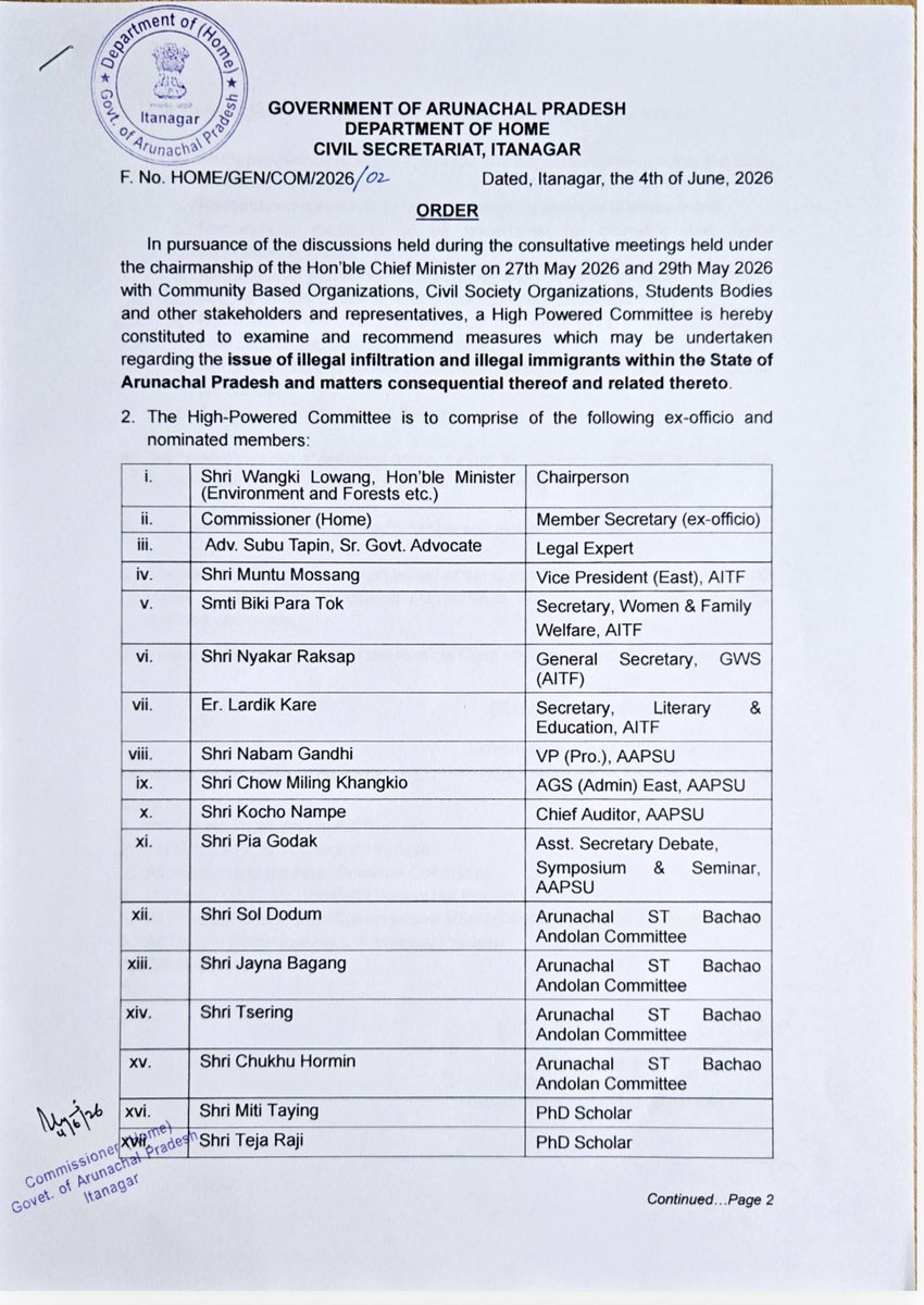 PemaKhanduBJP's tweet photo. To address concerns relating to illegal infiltration and illegal immigrants in Arunachal Pradesh, the Government of Arunachal Pradesh has constituted a High-Powered Committee, one of the four committees announced after the recent consultative meetings with CBOs, CSOs, student bodies, legal experts and other stakeholders.

The Committee, headed by Hon’ble Minister Shri @wangki_lowang Ji, has been entrusted with examining and recommending measures to address the issue of illegal infiltration and illegal immigrants within Arunachal Pradesh, along with all consequential and related matters.