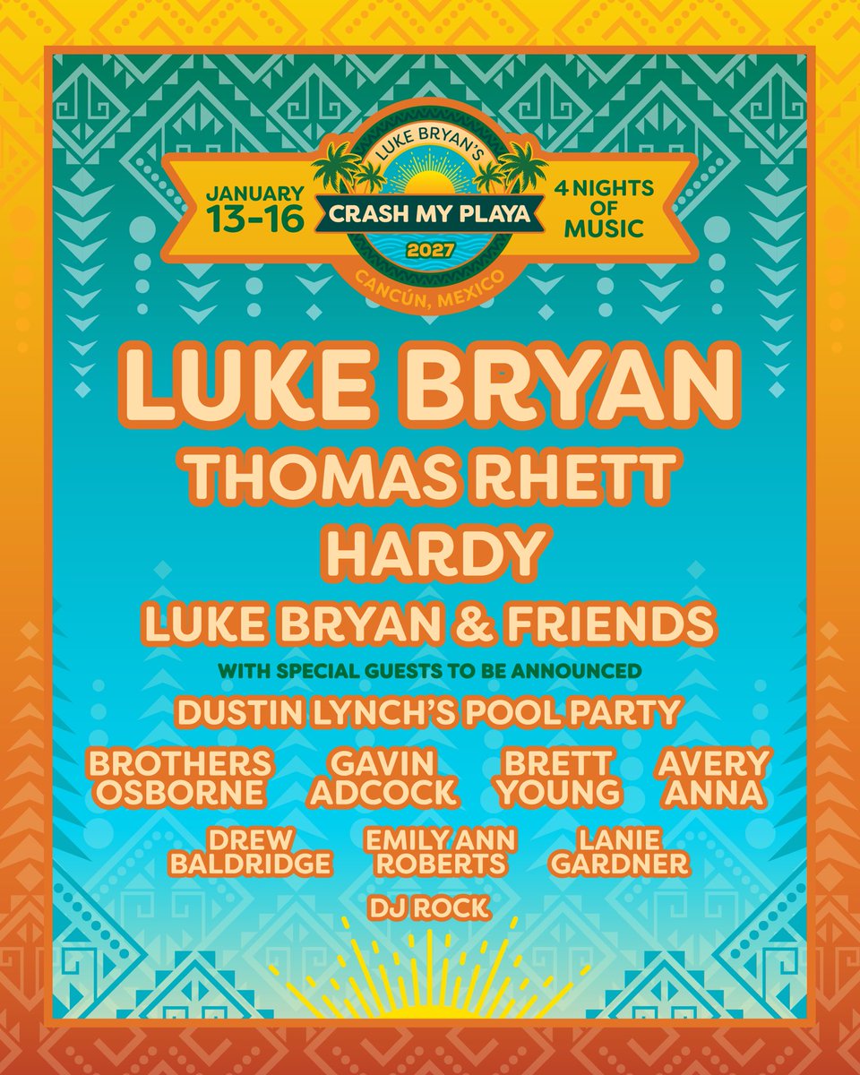 lukebryan's tweet photo. Can’t wait to head back to paradise January 13-16, 2027 with @ThomasRhett, @HardyMusic, and a whole bunch of my buddies for year 12 of @crashmyplaya.

Packages go on sale June 11th at 1pm EDT. Alumni and Nut House, y’all get early access.

https://t.co/xTRA7uxeKe https://t.co/kd29fK1bPz