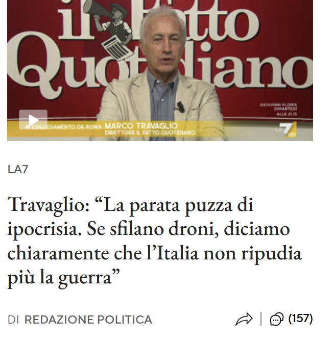 settime2588's tweet photo. Il Financial Times scrive che il punto debole delle difese dei confini NATO sono le possibili incursioni di ondate di droni dalla russia.
Lo stesso scrivono da mesi analisti e pubblicazioni serie e documentate.
L' analisi della guerra in Ucraina ed il risultato di recenti esercitazioni militari rendono il pericolo gravissimo.
Senza droni e mezzi di difesa dai droni, puoi anche avere 10,000 blindati ma non servono a niente.

Contro che tipo di armamento per l' Europa fa campagna quotidiana specificatamente il Fatto Quotidiano ?
Ovviamente contro i droni.

Mi parrebbe forse opportuno che agenzie di sicurezza nazionale esaminassero accuratamente la sorgente delle opinioni di politica internazionale pubblicate da questo e altri giornali.