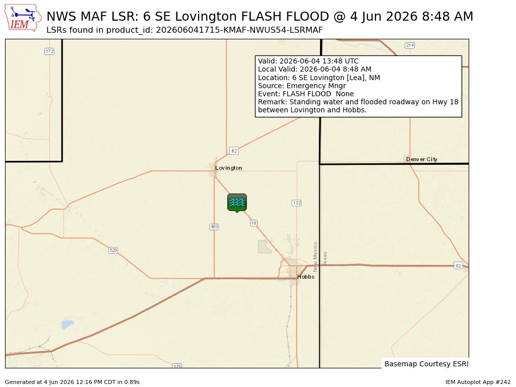 iembot_maf's tweet photo. At 8:48 AM CDT, 6 SE Lovington [Lea Co, NM] Emergency Mngr reports Flash Flood. Standing water and flooded roadway on Hwy 18 between Lovington and Hobbs. #nmwx https://t.co/enX8ebtoxP https://t.co/vqJbrKamNc