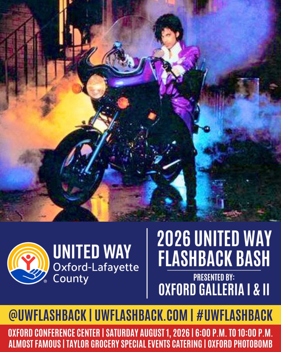 UWFlashback's tweet photo. You can party like it’s 1999 or any other year you like as we flash back for our community’s future at the 2026 United Way Flashback Bash, Presented by Oxford Galleria I &amp; II!

💜 https://t.co/3BsNSHiz66 ☔️

Let’s make 2026 our biggest and best Bash yet!

#UWFlashback #UWOxfordMS https://t.co/6t1lmKgns4