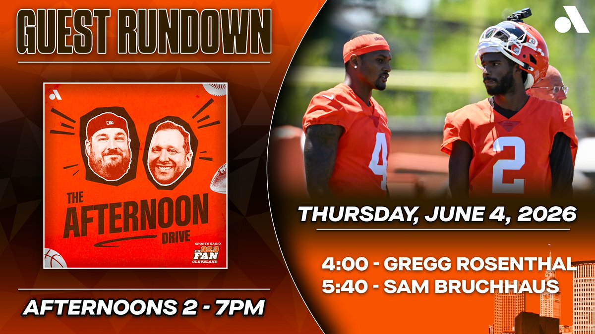 afternoon923FAN's tweet photo. It's Thursday on Afternoon Drive with @JPeterlin and @RuiterWrongFAN on @923TheFan!

🏈 Shedeur Sanders making up ground in the QB competition
🏈 What excites you about the #Browns?

@greggrosenthal at 4
@sambruchhaus at 5:40

🔊 Listen: https://t.co/wafzpHfl2u https://t.co/oubcFDNBll