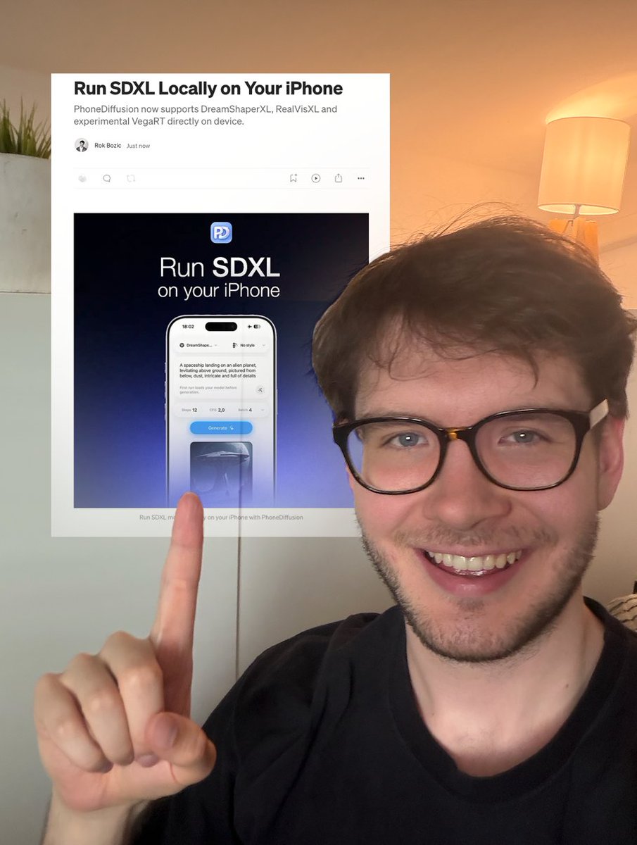 rokbozi's tweet photo. You can now run SDXL locally on your iPhone
Generation time in @PhoneDiffusion is <10 seconds

Choose between:
∙ DreamShaperXL
∙ RealVisXL
∙ VegaRT (experimental)

It’s mind-blowing how capable the base iPhone 16 and 17 are nowadays.

 Read the full update in the comments 👇 https://t.co/Z8RLjHevUd