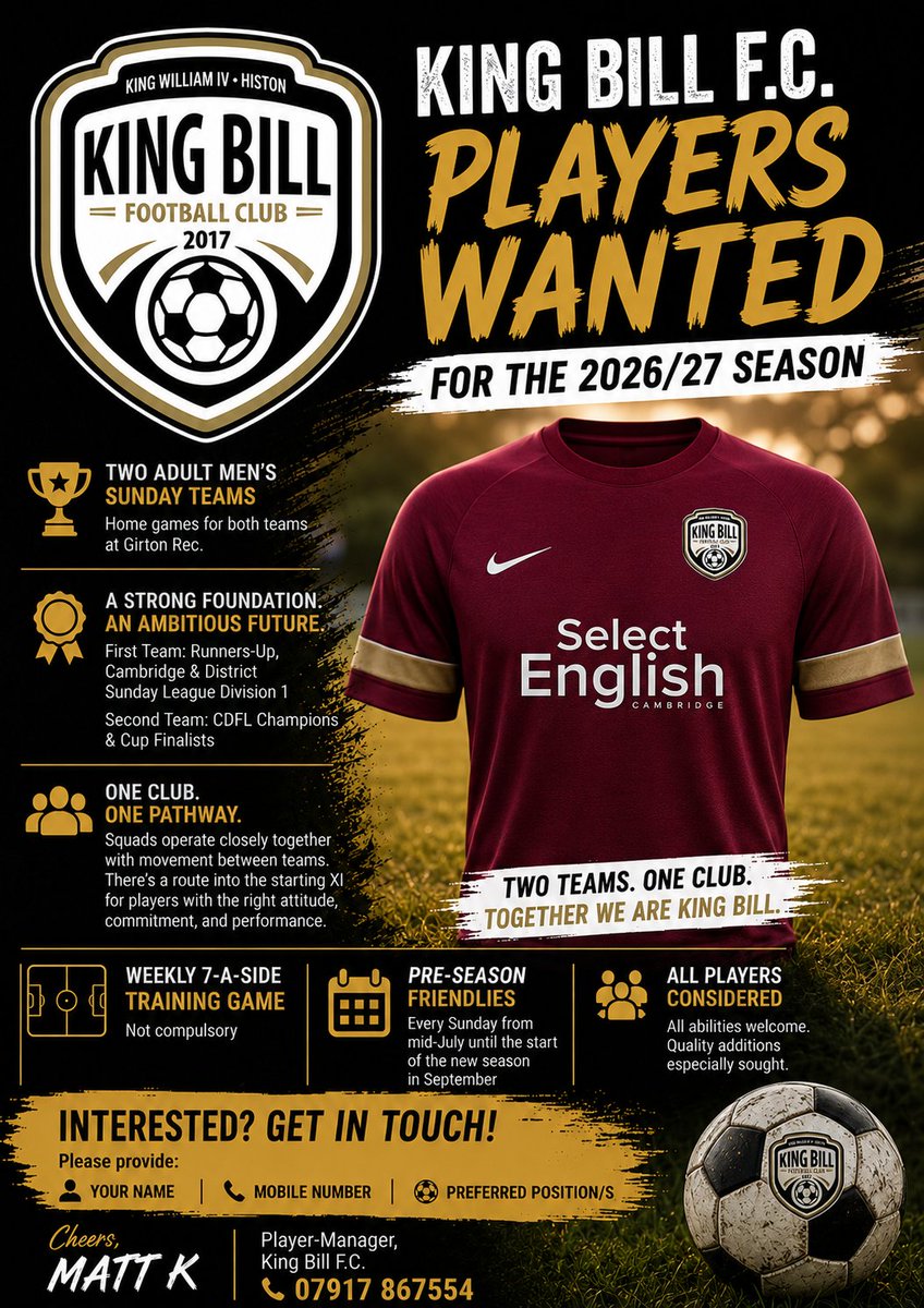 KingBillCDFL's tweet photo. 🚨 PLAYERS WANTED | KING BILL F.C. 🚨

Following a strong 25/26 season, we’re looking to strengthen both squads ahead of next season.

🏆 CDSL Division 1 Runners-Up
🏆 CDFL Champions

Interested? DM or contact Matt K:
📱 07917 867554 https://t.co/W7uPFkpyh8