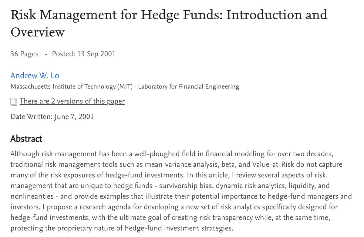 RuujSs's tweet photo. Traditional risk models were not built for hedge funds. Value-at-Risk, beta, mean-variance analysis.

Did you know this?
Andrew Lo published the full framework.Survivorship bias. Liquidity risk. Nonlinear exposures. https://t.co/3F8II5O4ef
