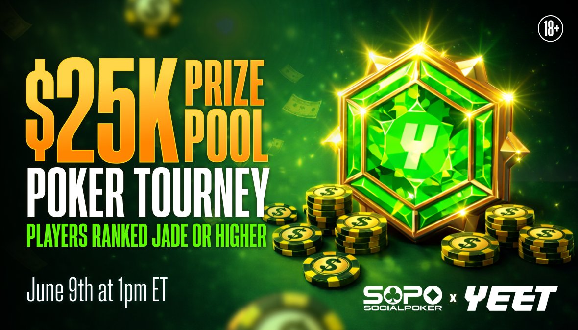 yeet's tweet photo. $25,000 Prize Pool - Jade+ Poker Tourney - June 9th @ 1PM ET

Unfortunately we had to make some changes to the prizes...so we bumped them from $15k to $25k!

- Must be rank Jade+ ($1m+ wagered at YEET)
- Request to join the YEET SOPO club (if you aren't already in)
- Message YEET Support with your SOPO username + ID (if you aren't already in)
- Closely match your SOPO username to your YEET username
- Register for the tournament

Join here: https://t.co/QHa5Z5zBZ7
Club ID: 6875929

Not Jade yet? You still have time - push your rank and secure your spot!