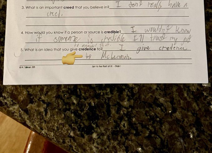 NicoleBdorf's tweet photo. “I give credence to McLennon.” 👇

- My 11yo son, answering his hw question that asked: 
“What is an idea you give credence to?”

Same, buddy….. same 🫶🫡

#HisActualHW #HeTurnedThatIn #ProudParentMoment #WheresTheLie #Homework #Real #Lennon #McCartney https://t.co/zYP5ZSTHL3