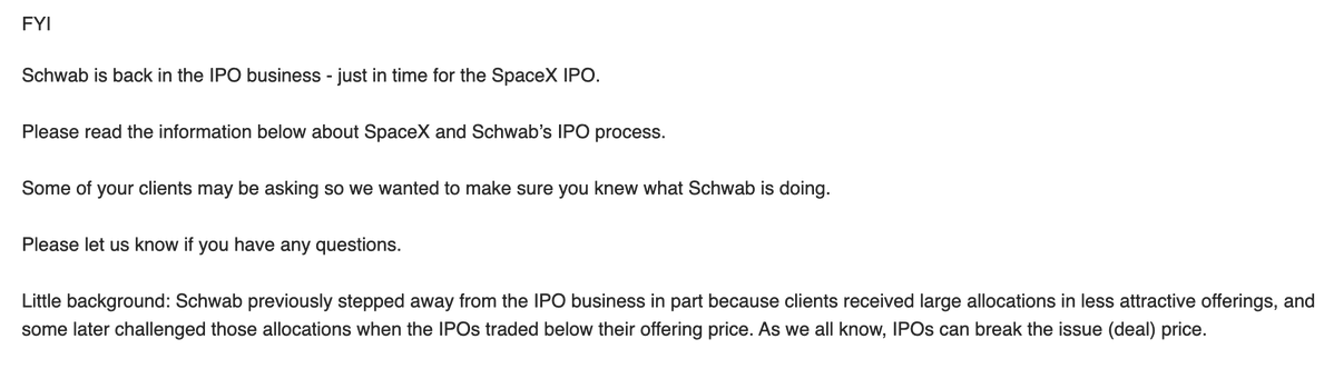 willis_cap's tweet photo. lol "Schwab previously stepped away from the IPO business in part because clients received large allocations in less attractive offerings" but we're back now because we got a large allocation to SpaceX https://t.co/nLJppEGeV5