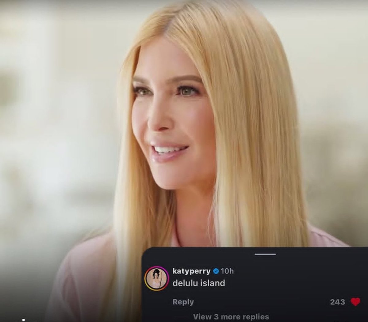 kaxishk's tweet photo. katy perry calling ivanka trump and jared kushner’s albanian island “delulu island” 😭💯 https://t.co/lELLIcpcQe