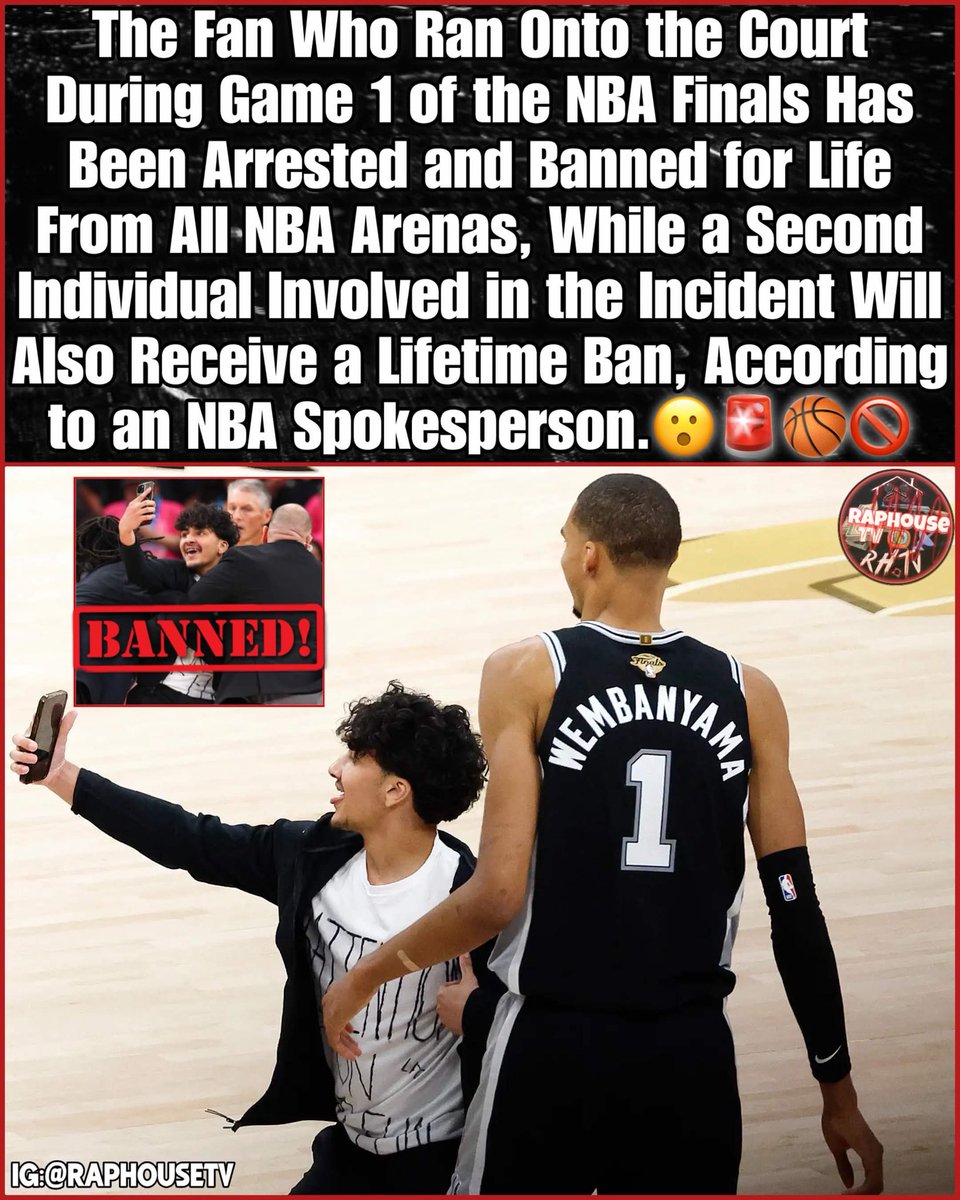raphousetv2's tweet photo. The Fan Who Ran Onto the Court During Game 1 of the NBA Finals Has Been Arrested and Banned for Life From All NBA Arenas, While a Second Individual Involved in the Incident Will Also Receive a Lifetime Ban, According to an NBA Spokesperson. 🚨🏀 https://t.co/MSirQBWpdA
