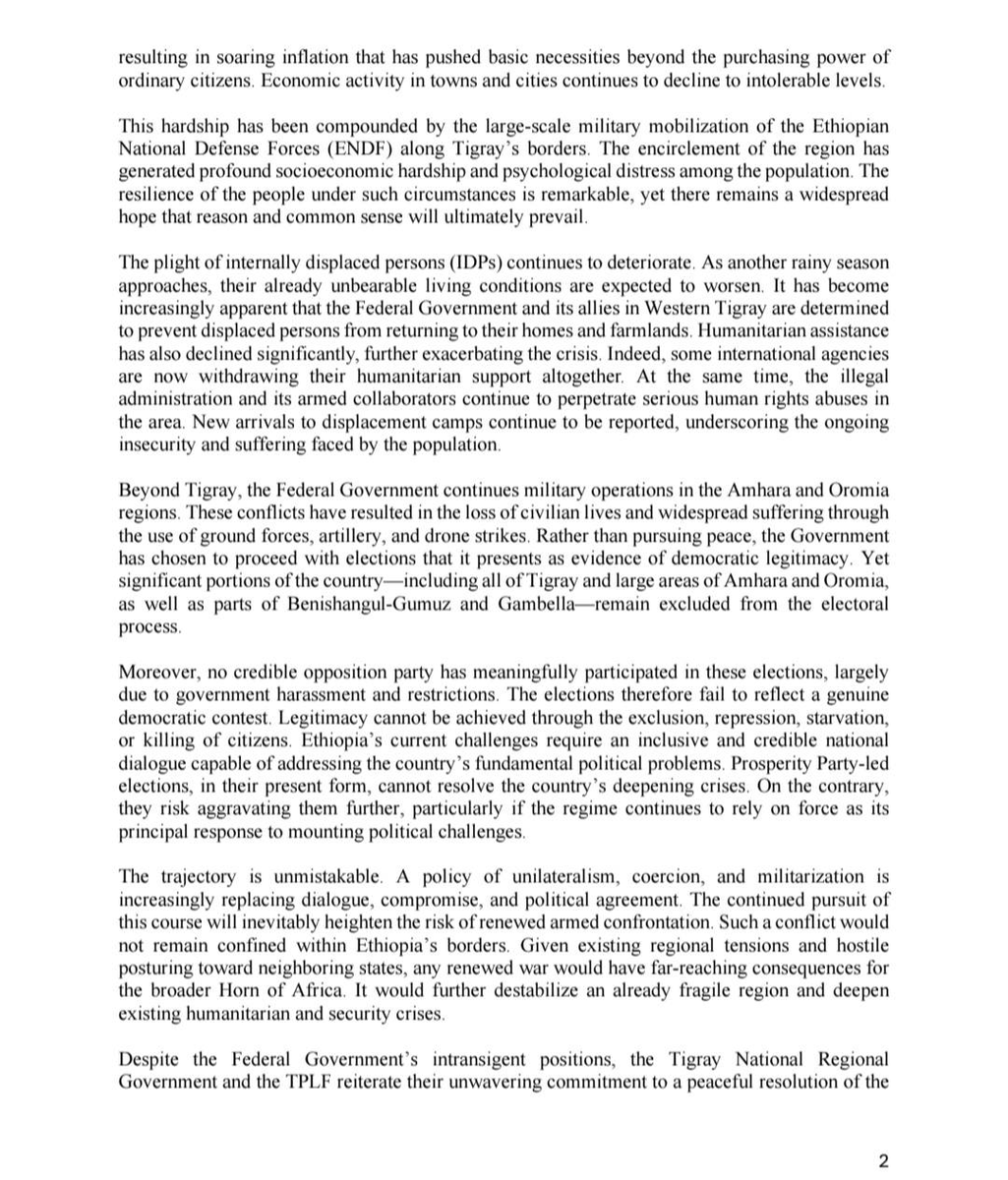 AdwaDefStrategy's tweet photo. In an aide-mémoire addressed to diplomatic missions and international partners on 3 June, the TPLF warned that a return to catastrophic conflict was no longer a hypothetical risk and could carry significant regional consequences. The document called on foreign governments and international organizations to intervene, cautioning that “failure to act cannot be regarded as neutrality. It would amount to acquiescence in the further deterioration of an already intolerable situation and increase the likelihood of a return to full-scale war.”

The warning came as the TPLF leadership aligned with Debretsion Gebremichael moved to replace the Tigray Interim Regional Administration (TIRA) and restore elements of the pre-war governing structure, a step widely viewed as a violation of the political transition framework established under the Cessation of Hostilities Agreement (COHA) signed in Pretoria, South Africa.