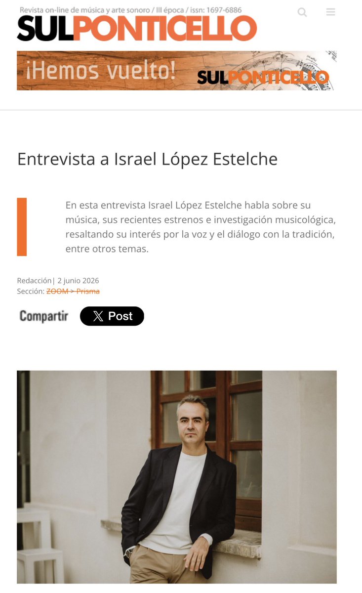 LJClassicalPR's tweet photo. Interview: El compositor #IsraelLópezEstelche, que mañana estrena “Remembering” con el Plural Ensemble y Fabián Panisello en la Fundación BBVA, en el número de junio de SUL PONTICELLO 

🖊️ Read here ⤵️

https://t.co/9lTeMdxldu https://t.co/0TpayR3jGu