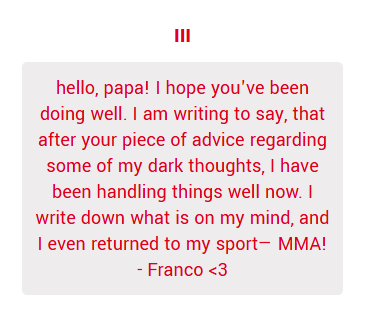 unholythird's tweet photo. That is a very good news, dear. I am very pleased to hear that you've been handling things better. Writing them down is often better than letting them circle endlessly in your head, no? And returning to MMA? That is excellent! Keep talking care of yourself, Franco. https://t.co/aXof44CCEC