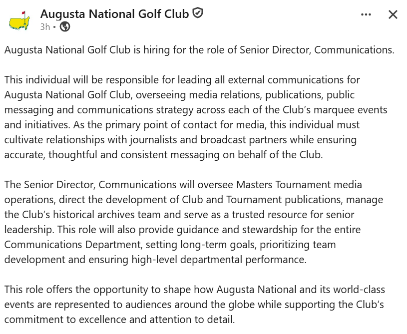 JoshACarpenter's tweet photo. Augusta National Golf Club is hiring a senior director of communications role https://t.co/uS4sUcUmKi
