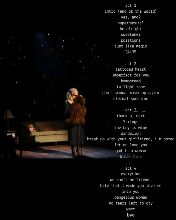 buwygibxo's tweet photo. eternal sunshine tour setlist concept based on the songs played by teamariana on stationhead/confirmed so far ♡ https://t.co/ysyDrnFS9J