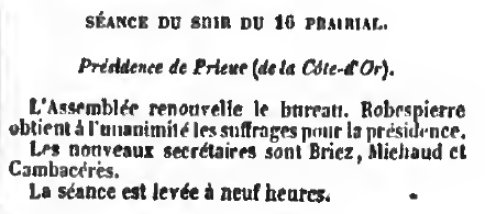 1792_1815's tweet photo. 4 juin 1794 Renouvellement du bureau de la #Convention. #Robespierre est Ă©lu prĂ©sident Ă lâunanimitĂ© par 485 voix. Il pourra prĂ©sider Ă ce titre la fĂȘte de lâĂtre suprĂȘme le 8 juin. Les trois secrĂ©taires sont #Briez, #Michaud et #CambacĂ©rĂšs. https://t.co/OSbzkM6X73