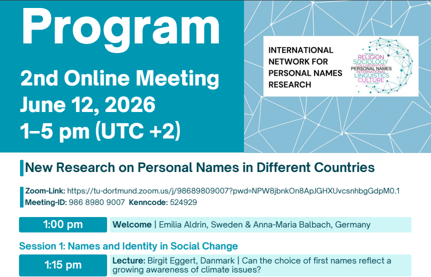 eug1979's tweet photo. e-Onomastics: #Programme of the 2nd #online #meeting "New #Research on #Personal #Names in #Different #Countries"  https://t.co/cEZshu9iwU 12 June 2026, from 1:00 to 5:00 pm (UTC+2) will take place online via #Zoom and will bring together #scholars working on personal names https://t.co/lICRp1EUD2