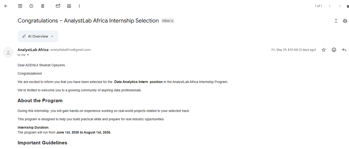 databyShukrahhh's tweet photo. Been a little quiet lately due to some health challenges and a short hospital stay, but I'm gradually getting back on track.

Excited to begin new internships with Excelerate and AnalystLab as I continue growing in data analytics.

Looking forward to the projects ahead. https://t.co/sPhWxUzf43