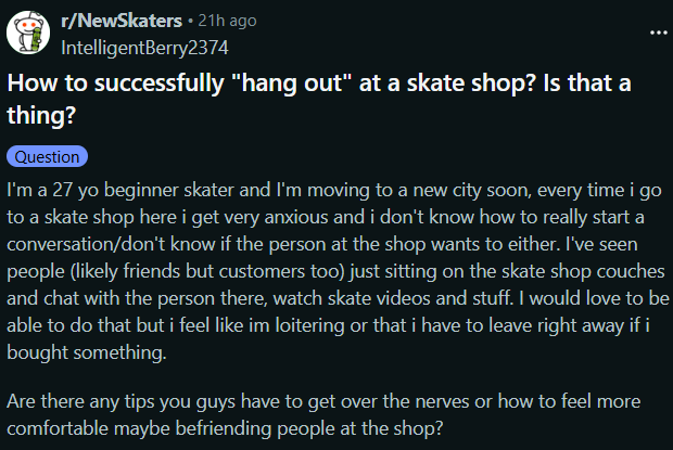 IrritableBowel2's tweet photo. Awwww! 27 year old new skater wants to learn how to chill at the shop https://t.co/EvyGT9QQp5