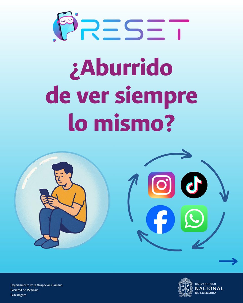 MedicinaUNAL's tweet photo. ¿Aburrido de siempre ver lo mismo? 📲
Te contamos un truco para ajustar tu algoritmo y diversificar el contenido que consumes en tus redes sociales.
Cuéntanos en los comentarios qué temática usaste para cambiar tu algoritmo y participa por uno de nuestros premios. 🎁
#Papash https://t.co/0OdIAyT3jS