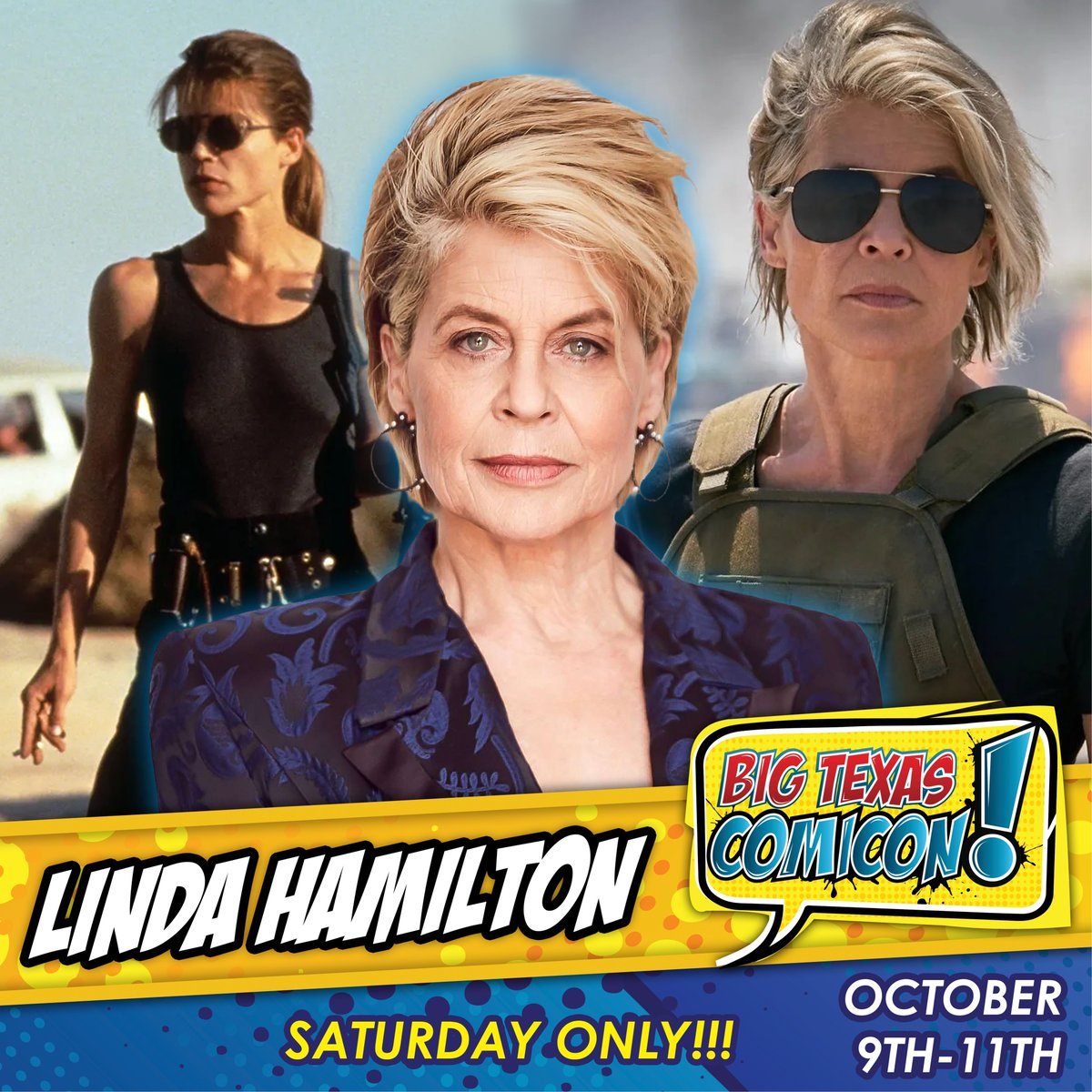 bigtexcon's tweet photo. APPEARING ONE DAY ONLY

Reminder that Linda Hamilton is only appearing Saturday, October 10th at Big Texas Comicon.

Buy solo Terminator photo ops/duo &amp; group ops with Robert Patrick &amp; Edward Furlong today at 
https://t.co/r8Tw4JE6aW https://t.co/gxzgn66z2u