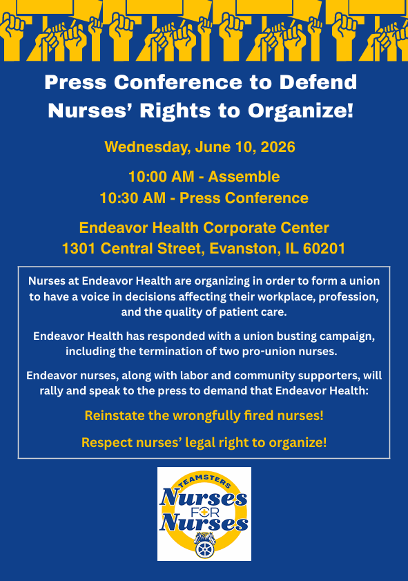 chicagolabor's tweet photo. SOLIDARITY ALERT 🚨 Stand with nurses on June 10!

Join us at Endeavor Health Corporate Center as nurses, labor leaders, and community supporters call for:
✅ Reinstatement of wrongfully fired nurses
✅ Respect for nurses' right to organize
✅ A stronger voice for nurses

#UNION https://t.co/jfScRmd6v9