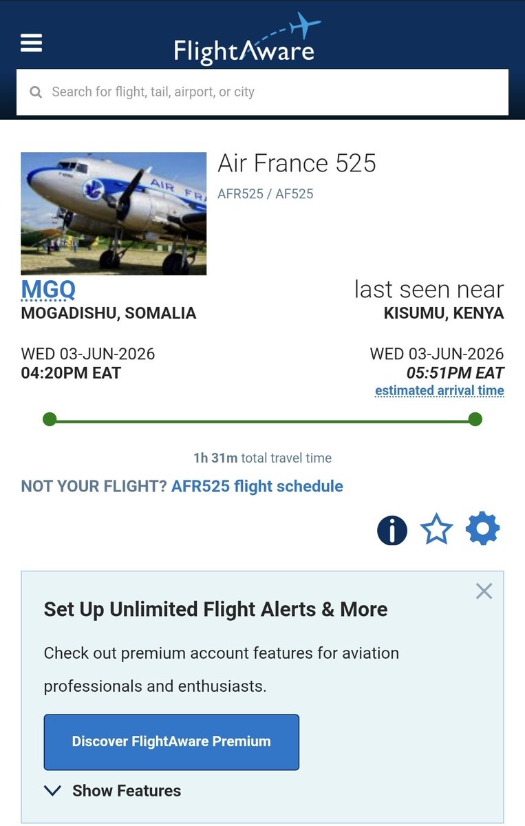 maxamadaibrahim's tweet photo. #Breaking HSM Family flees Mogadishu Yesterday an interesting flight was spotted arriving and departing Mogadishu Airport logged under the Air France (AFR) call sign as AFR525, this was not a regular Air France scheduled service.

The flight arrived at 11am and departed at 4pm tracked from Mogadishu, Somalia, flew over the Kisumu area of western Kenya and continued into Uganda (Entebbe) and the opposite route on arrival. 

This is most likely a private charter flight operating under an Air France-affiliated call sign. So yesterday afternoon just as things were kicking off in Mogadishu HSM and/or Family and/or High ranking friends were fleeing the country I suspect with the help of Djiboutian President IOG given the links to the Air France call sign and this private carrier.