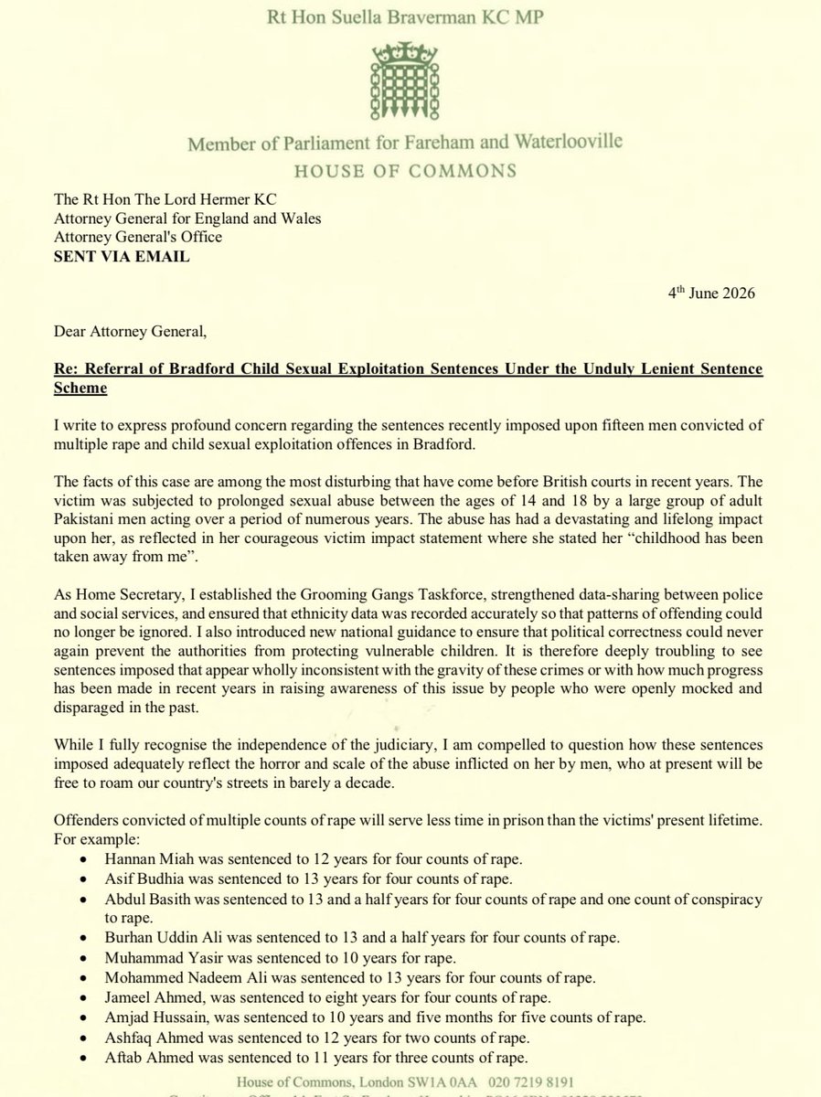 SuellaBraverman's tweet photo. Today I have written to the Attorney General because I believe that the sentences handed down by the Judge on this Grooming Gang were unduly lenient. 

We need to keep working for justice. https://t.co/eu8atO8YTO