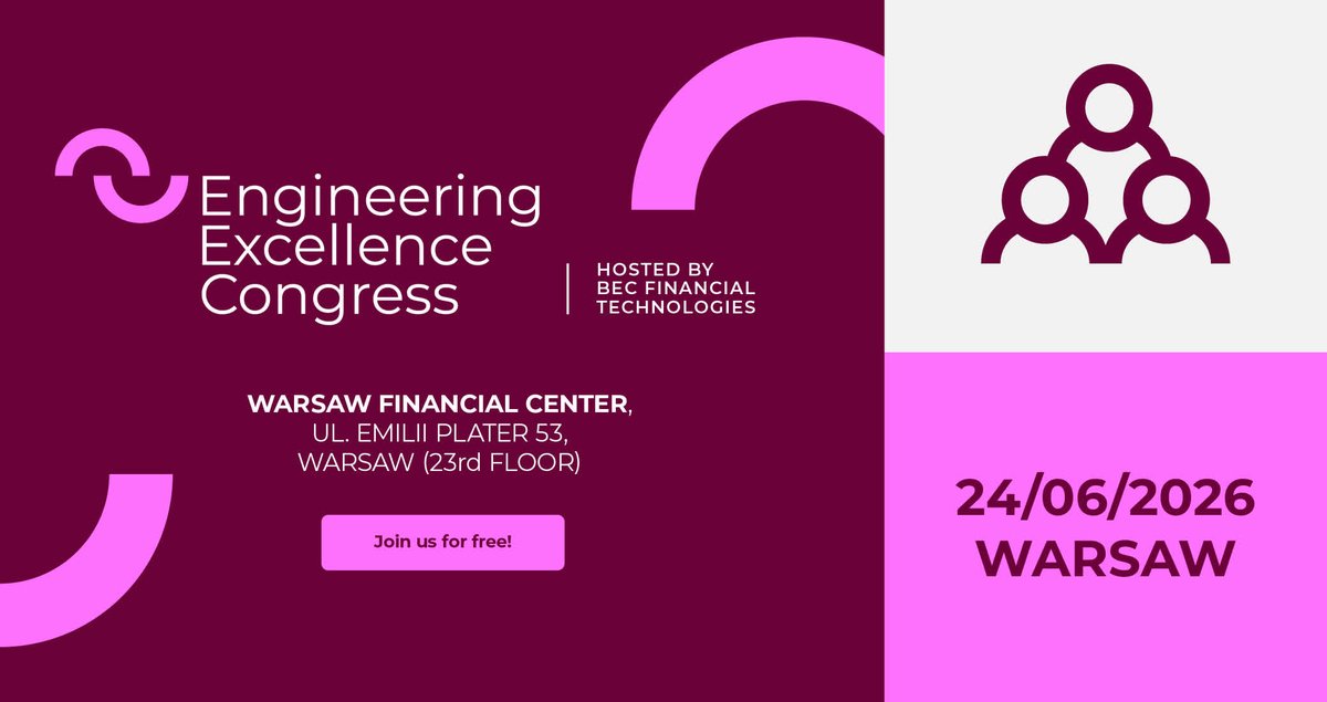 KwestiaB's tweet photo. 🚀 Engineering Excellence Congress 2026 pod patronatem Kwestia Bezpieczeństwa — już 24 czerwca w Warszawie!
Liderzy technologii, CTO i Engineering Managerowie o przywództwie, kulturze inżynierskiej i AI.
🎟️ Udział bezpłatny, rejestracja: https://t.co/l8j9nRld2a https://t.co/GF4LZ8BQnS