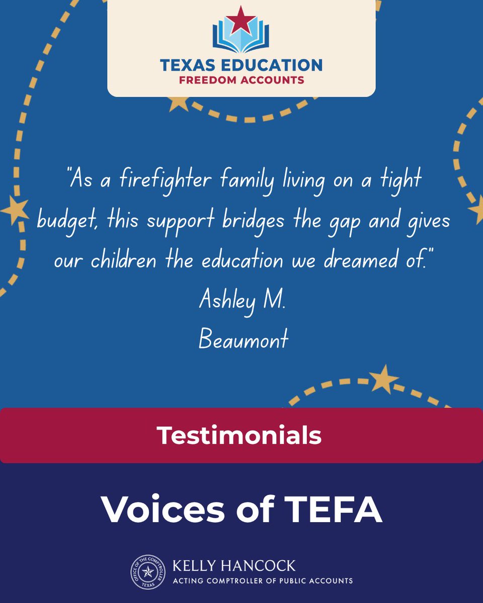 txcomptroller's tweet photo. Voices of TEFA

Stories like Ashley’s remind us that every family deserves the opportunity to choose the educational path that works best for their children.

#LearnYourWayTX #TEFA #VoicesOfTEFA #TexasFamilies #EducationFreedomAccounts https://t.co/E9Y2LFTLpE