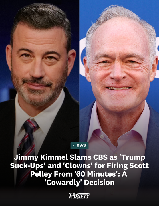 Variety's tweet photo. Jimmy Kimmel bashes CBS for firing "60 Minutes" journalist Scott Pelley and says "clowns now run that show and the [network's] news division." 

"The Trump suck-ups at CBS fired a great and deeply respected journalist, Scott Pelley, from his job at ’60 Minutes' because he stood up for truth and integrity at a show that’s been the gold standard for broadcast journalism for 57 years.”

https://t.co/twccDRKphb