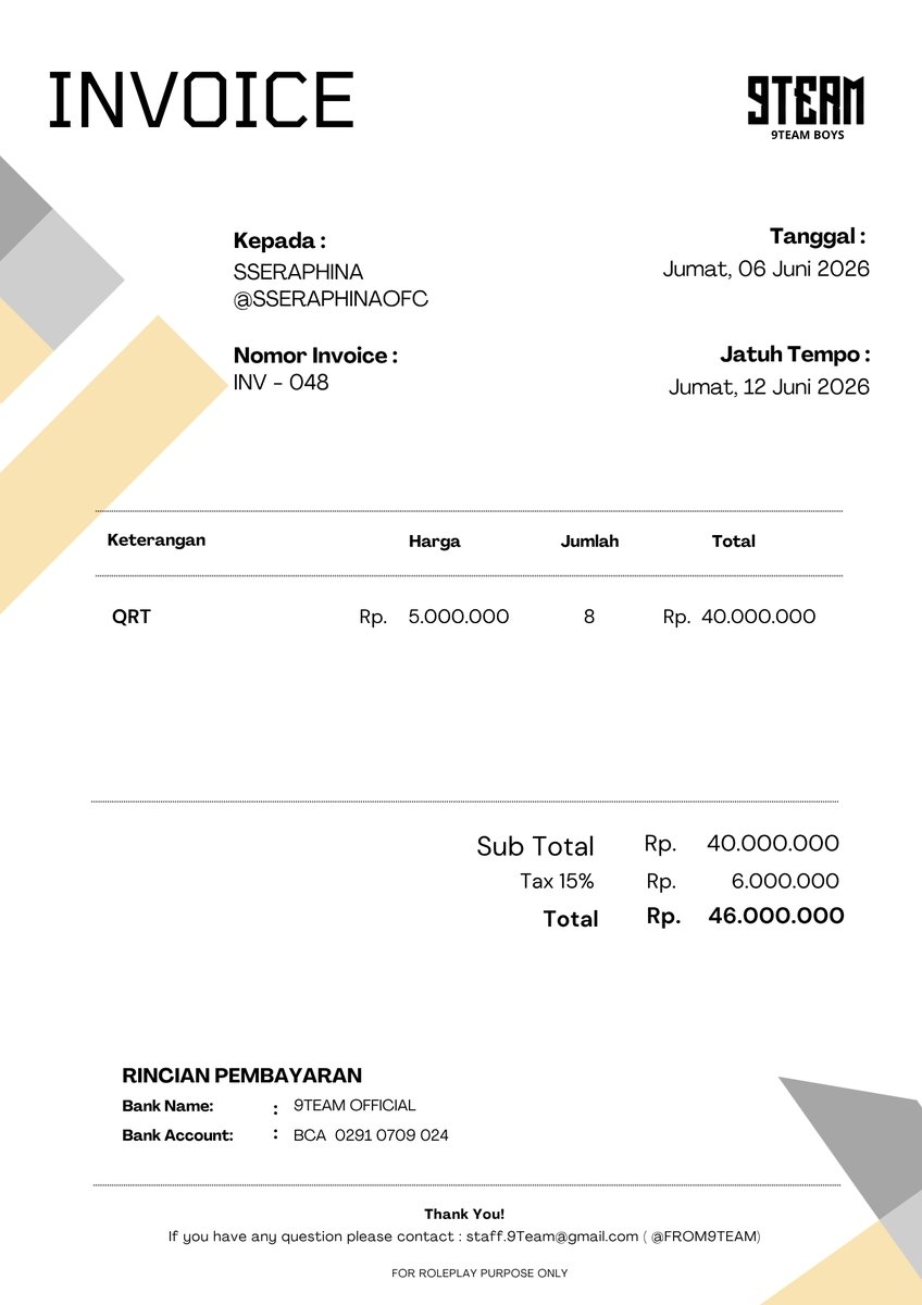 FROM9TEAM's tweet photo. 📨 𝗜𝗡𝗩𝗢𝗜𝗖𝗘 048 ⸺
has been sent to @SSERAPHINAOFC @WINGEDFLOWER

Thank you for trusting 9TEAM. Please kindly make the payment within 7 (seven) days after the invoice is sent. Thank you!

Regards,
9TEAM STAFF. https://t.co/EcCj89WFDa