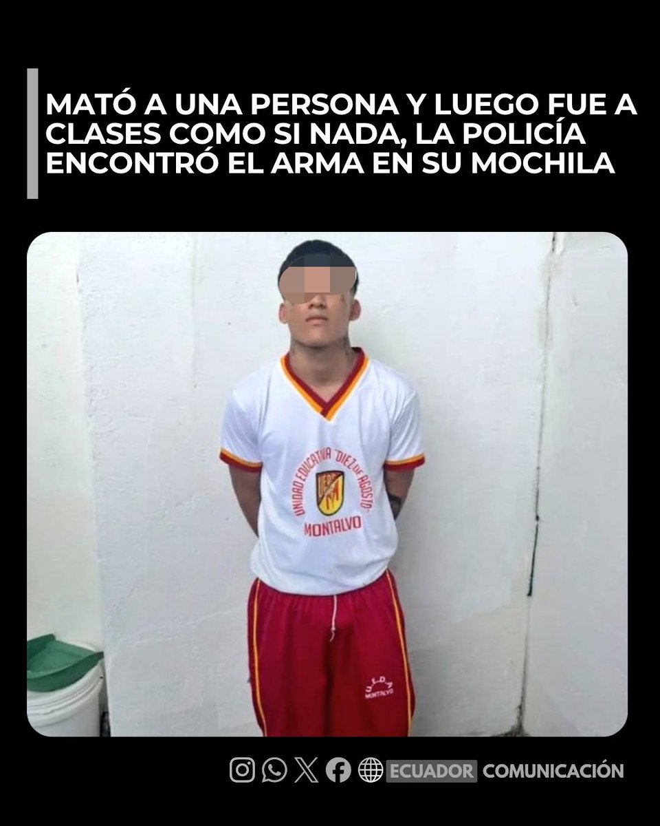 ecuadorprensaec's tweet photo. LA JUVENTUD ESTÁ PODRIDA 

Un joven de 17 años fue el sicario protagonista de un crimen violento, luego de matar a una persona se cambió y se fue a clases. La Policía siguió el rastro del crimen y encontró una pistola en su mochila. 

#LosRíos #Montalvo