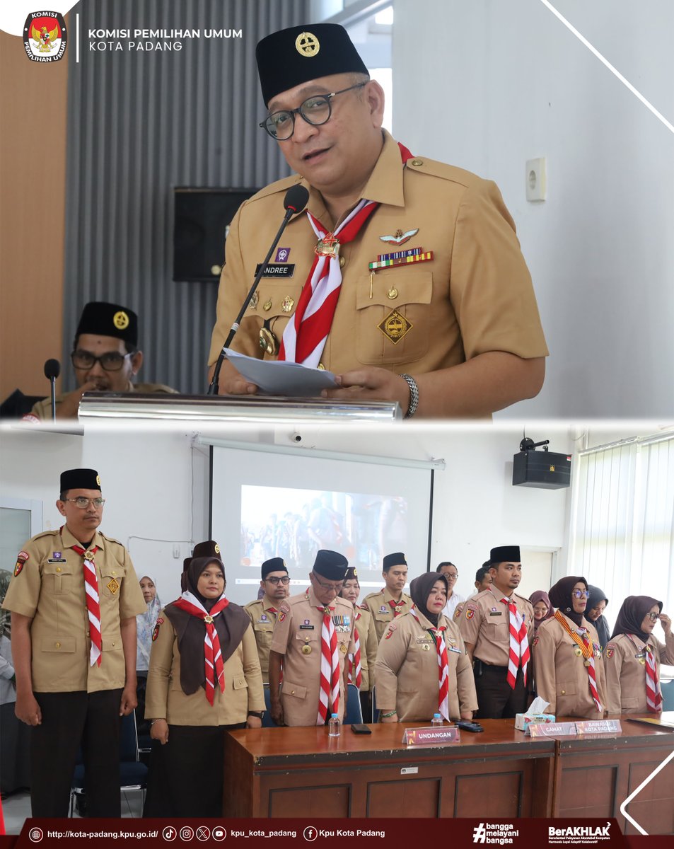 PadangKpu's tweet photo. #Temanpemilih, Ketua Kwartir Cabang 09 Pramuka Kota Padang, Andree Harmadi Algamar secara resmi mengukuhkan dan melantik Pengurus Satuan Karya Pramuka Rintisan Yogaswara KPU Kota Padang  masa bakti Tahun 2026-2031 di Aula KPU Kota Padang. Kamis (04/06/26). https://t.co/OnSzhXFSB8