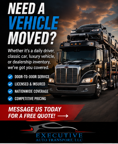 ExecutiveAuto_T's tweet photo. Need a vehicle moved across the country?

Whether it's a daily driver, classic car, luxury vehicle, or dealership inventory, we've got you covered.

Message me for a free quote today.

#AutoTransport #CarShipping #Carshopping #ExecutiveAutoTransport #cars https://t.co/dvOIEdB2yB