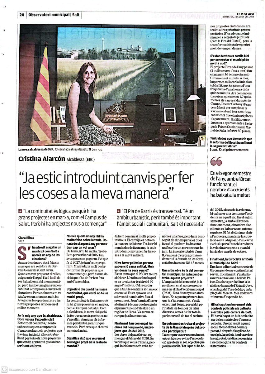 esquerra_Salt's tweet photo. Entrevista a Cristina Alarcón, la nostra alcaldessa. Destaca la seva voluntat d’impulsar canvis i marcar un estil propi en aquesta nova etapa. Reivindica la continuïtat dels grans projectes en marxa —com el Campus de Salut— però també la necessitat d’obrir noves línies de treball https://t.co/RQF1Wxb0bC