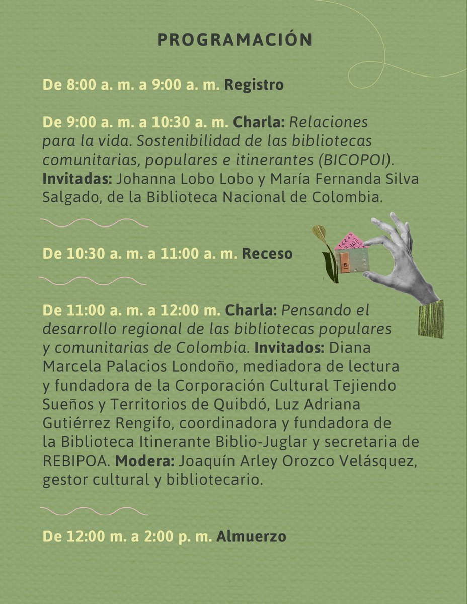 BibliotecasMed's tweet photo. ¡Participa en las charlas y talleres del 11.º Encuentro de Bibliotecas Populares y Comunitarias! Será una oportunidad para reconocer experiencias, compartir aprendizajes y seguir tejiendo en colectivo. 🧶 Entrada libre con inscripción previa aquí: 👉🏼 https://t.co/PGTVuesP7G https://t.co/wYTMCjcVIh