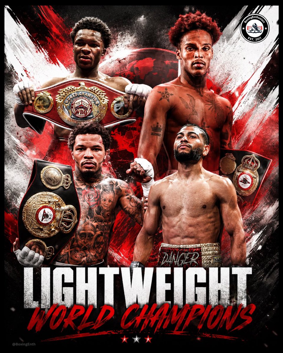 BoxingEnth's tweet photo. 🏆 / 𝘾𝙐𝙍𝙍𝙀𝙉𝙏 𝙇𝙄𝙂𝙃𝙏𝙒𝙀𝙄𝙂𝙃𝙏 𝙒𝙊𝙍𝙇𝘿 𝘾𝙃𝘼𝙈𝙋𝙄𝙊𝙉𝙎

WBA: Tank Davis | 30-0-1 (28 KO’s)
IBF: Raymond Muratalla | 24-0 (17 KO’s)
WBO: Abdullah Mason | 20-0 (17 KO’s)
WBC Interim: Jadier Herrera | 18-0 (16 KO’s)
WBC (Vacant)

#BoxingEnthusiast | #Boxing https://t.co/dmbqOMv6uf