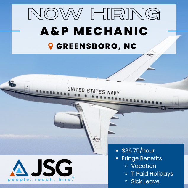 JSfirm's tweet photo. Johnson Service Group is hiring A&amp;P Mechanics supporting the Boeing C-40 Clipper program in Greensboro, North Carolina.

🔧 Pay: $36.75/hour
🔧 Vacation
🔧 11 Paid Holidays
🔧 Sick Leave

Apply here ➡️ https://t.co/gQ8ka48KUW https://t.co/YwLOVEXqko