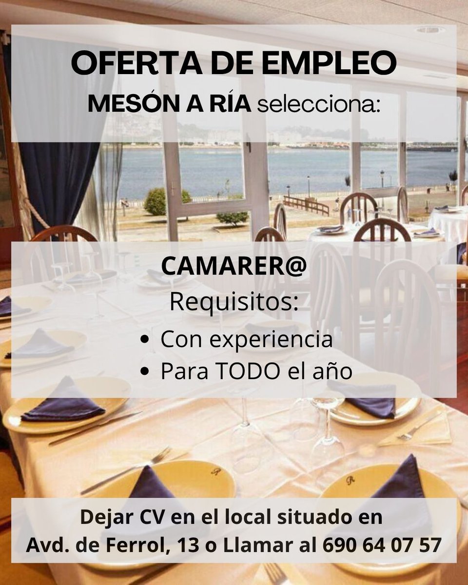 VIVEIROcentro's tweet photo. 📣OFERTA DE EMPLEO: 

➡️ @meson_a_ria necesita incorporar camarer@

 📩Interesados dejar el CV en el local situado en Avd.Ferrol, 13 o Llamar al 690 64 07 57 

#viveirocch #viveirocentro #ofertasempleo #comerciolocal A mariña comercio Empleo A Mariña Lucense y alrededores https://t.co/zBODGnelLm