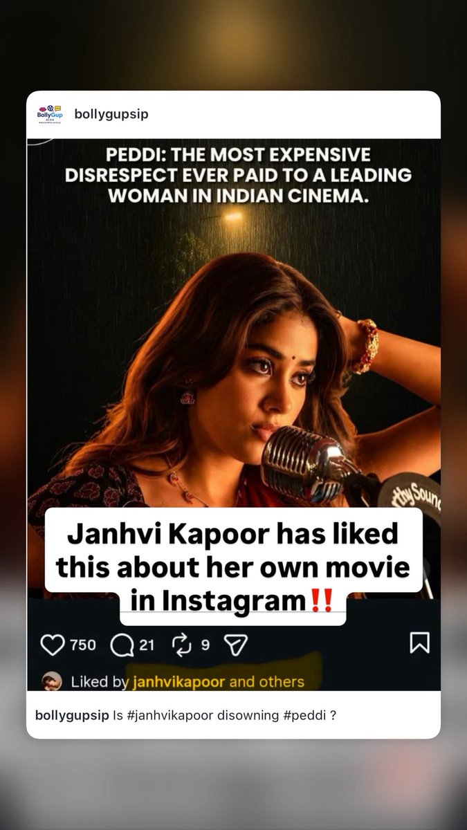 narreshrabari's tweet photo. #JanhviKapoor agrees #Peddi is the ‘most expensive disrespect’ to an actress as makers face backlash for her portrayal ⚠️

Janhvi, who plays Achiyyamma in the film, is objectified in many scenes and even assaulted by the main lead.
Janhvi Kapoor likes post criticising Peddi https://t.co/TWI2zDQFxH