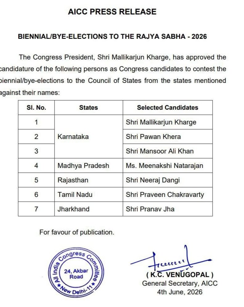 baithavishwanth's tweet photo. Hearty congratulations to all those candidates who have been selected to contest the biennial/ byelections to the RajyaSabha- 2026 from the states mentioned against their names. Wishing them all the best. 
#RajyaSabhaelections https://t.co/BC22MGG8Rq