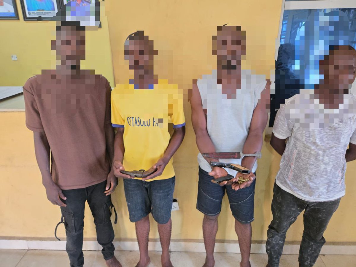 LagosPoliceNG's tweet photo. PRESS RELEASE

ARREST OF FOUR (4) SUSPECTED NOTORIOUS CULTISTS, RECOVERY OF TWO FIREARMS, TEN LIVE CARTRIDGES AND A JACK KNIFE IN EGBEDA

Operatives of the Lagos State Police Command have recorded another significant breakthrough with the arrest of four (4) suspected notorious cultists linked to cult-related violence and other criminal activities within Alimosho and its environs.

The suspects, identified as Nurudeen Ganiu ‘m’ (34), Oluwaleke Fagbula ‘m’ (38), Emmanuel Silas ‘m’ (41), and Nurudeen Abdullahi  ‘m’ (41), were apprehended following credible intelligence received regarding suspected cultists conducting an initiation ceremony at midnight within the Egbeda area of Lagos State. Acting on the intelligence, operatives of the Command  launched a covert operation, which culminated in the arrest of the suspects. During the operation, one locally made cut-to-size pistol, one English Beretta pistol loaded with ten live ammunition and a jack knife were recovered from the suspects.

Further investigation revealed that one of the suspects is a notorious cult gang kingpin and a rusticated student of a University in Ogun State, who was allegedly expelled in 2022 due to cult-related activities. Investigations further established that the gang has been involved in thuggery and has been terrorising residents of Egbeda and its environs for sometime. The suspects reportedly confessed to being active members of the Eiye Confraternity, a notorious secret cult group. The gang operates by using motorcycles to launch attacks on unsuspecting members of the public and disrupt gatherings at gunpoint. 

The Commissioner of Police, Lagos State Command, commends the operatives for their professionalism and swift response, which led to the successful operation. He reassures residents that the Command remains steadfast in its resolve to combat cultism and all forms of violent crimes across the State. He further urges members of the public to remain vigilant and continue supporting the Police with timely and credible information through the Command’s emergency lines: 07061019374, 08065154338, 08063299264, 08039344870, and 09168630929.

SP ABIMBOLA ADEBISI, anipr, mipra
POLICE PUBLIC RELATIONS OFFICER
LAGOS STATE COMMAND, IKEJA

4TH JUNE 2026.
