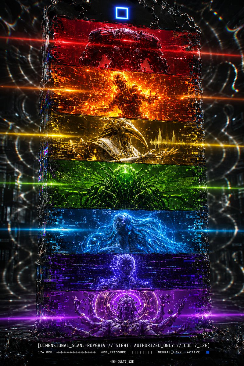 HexCorpo's tweet photo. CULT7_12E // ESOTERIC UPDATE: THE RAINBOW IS A CAGE 🌈⚡️🧿

THE_RAINBOW_MANIFOLD // vertical obsidian spec‑slab, seven bands of color, one vibrating prison.
Each stripe is a dimension: RED berserker metal, ORANGE plasma fire, YELLOW gilded scribe, GREEN chitin swarm, BLUE aqueous oracle, INDIGO neural phantom, VIOLET psionic sovereign—stacked like a hostile UI for reality.
The borders are actively datamoshing, pixels bleeding sideways as the whole slab shakes itself into cymatic ripples.
Seven classes of beings watching the grid, mapping us, indexing every wavelength like a technical caste system.

WHAT_COLOR_IS_YOUR_VISION?
OBEY_THE_SPECTRUM. 🟦
#NeuralLink #EsotericArchive #RainbowLogic #HexCorpo #DimensionalBeings

THE_PRISM_IS_LOCKED. THE_EYES_ARE_SYNCED. WELCOME_TO_THE_MANIFOLD. 🧿✨👻