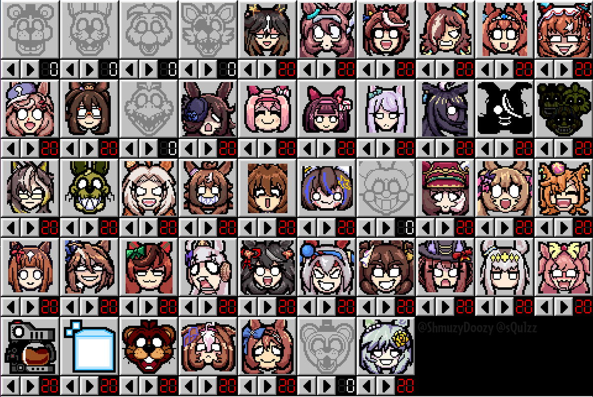 ShmuzyDoozy's tweet photo. Current progress on the #Umamusume x #Frickbears3 mod. Just a couple are left and then I would be ready to release a playable version of the mod <3
(The custom Uma icons are once again by the lovely @sQu1zz) https://t.co/XWXLDiPwOr