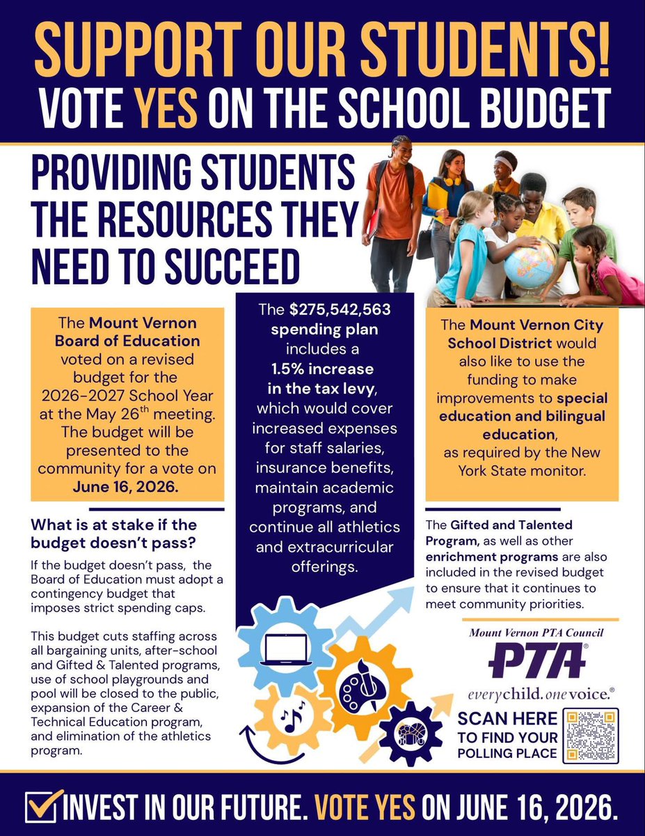 CyndiTurnquest's tweet photo. 🌟 Support Our Students! Vote YES on the School Budget!📅

On June 16, 2026, the Mount Vernon community will vote on a revised 2026-2027 budget that includes a 1.5% tax levy increase. This funding is crucial for academic programs, staff salaries and extracurricular activities. https://t.co/JSAFPJNjbz