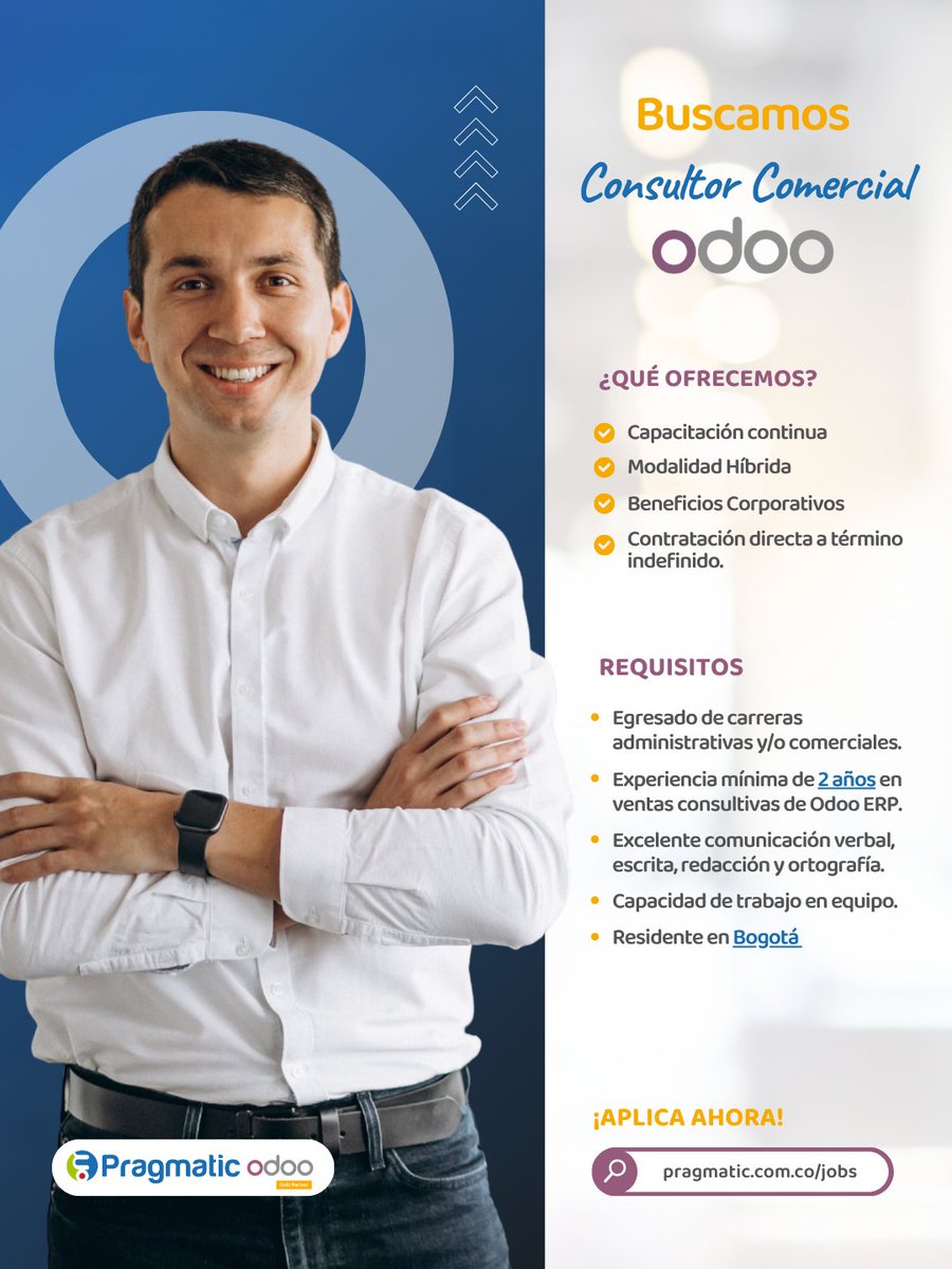 pragmaticsas's tweet photo. Vender software no es mostrar botones, es salvar empresas del caos. Buscamos un Consultor Comercial Odoo en Bogotá con mínimo 2 años de experiencia ERP.

Trabaja con soluciones que sí funcionan. ¡Únete a Pragmatic! 🚀 https://t.co/AlTd1So3Nu

#odoo #trabajosihay #bogota https://t.co/9bBGazgBuG