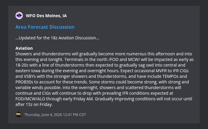 IowaWXNetwork's tweet photo. Area Forecast Discussion from WFO Des Moines, IA @ 6/4/2026 12:41 PM https://t.co/9bAXjG1sjc #iawx https://t.co/Gheu5dnJa9