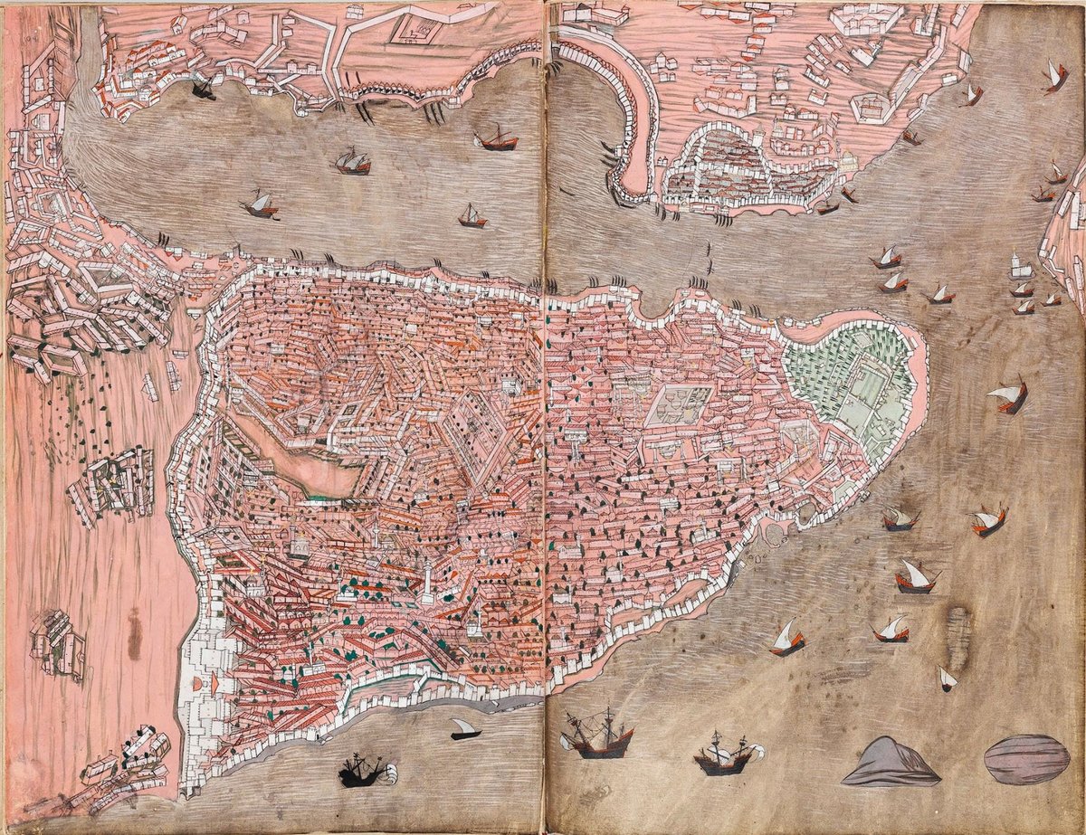 ByzantineLegacy's tweet photo. Map of Ottoman Kostantiniyye (Constantinople, modern Istanbul)
From the illustrated manuscript Hünernâme (c. 1584) https://t.co/jGwlAkreiM
